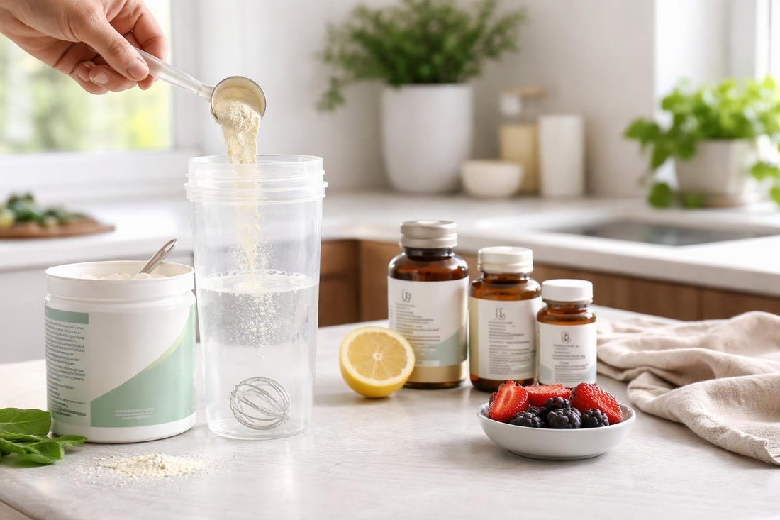 Mixing blended vitamin and mineral essentials in a shaker