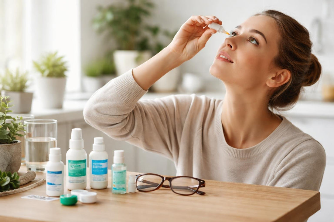 Contact lens wearer applying moisturising eye drops at home