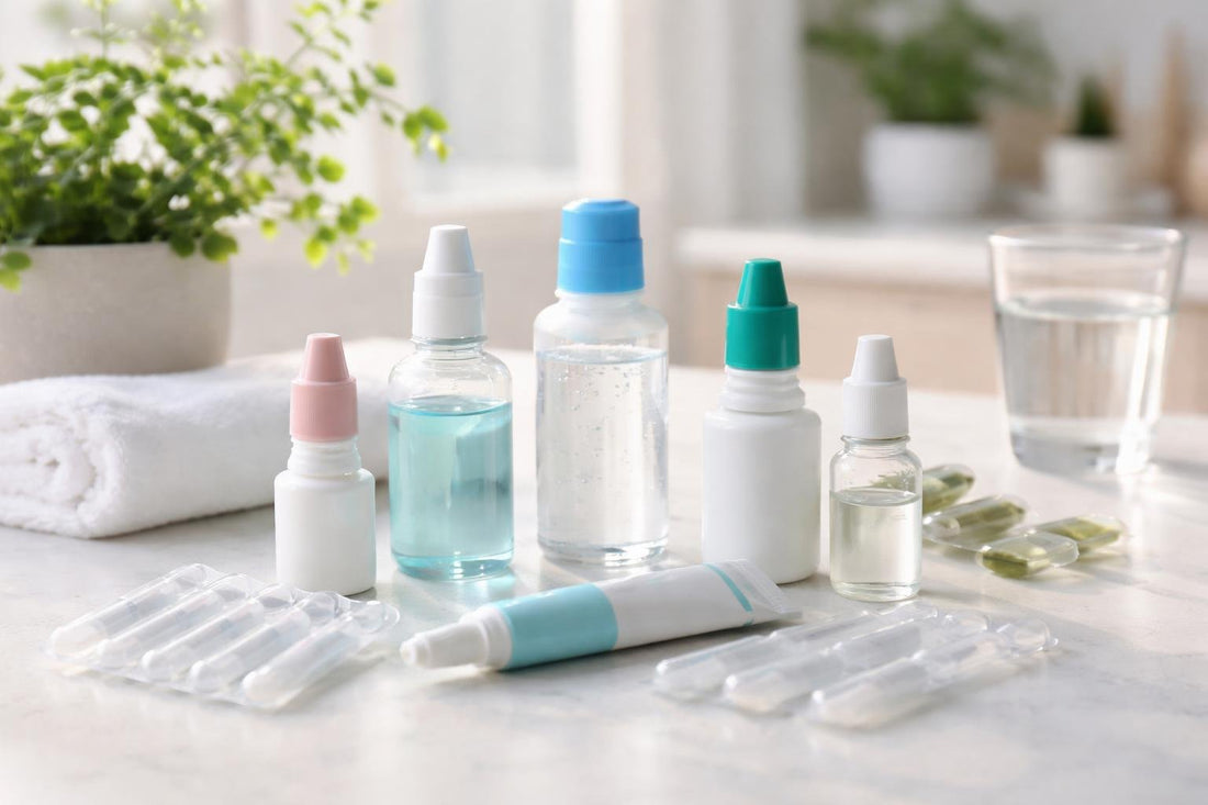Assorted moisturising eye drops, ointments and single-use vials