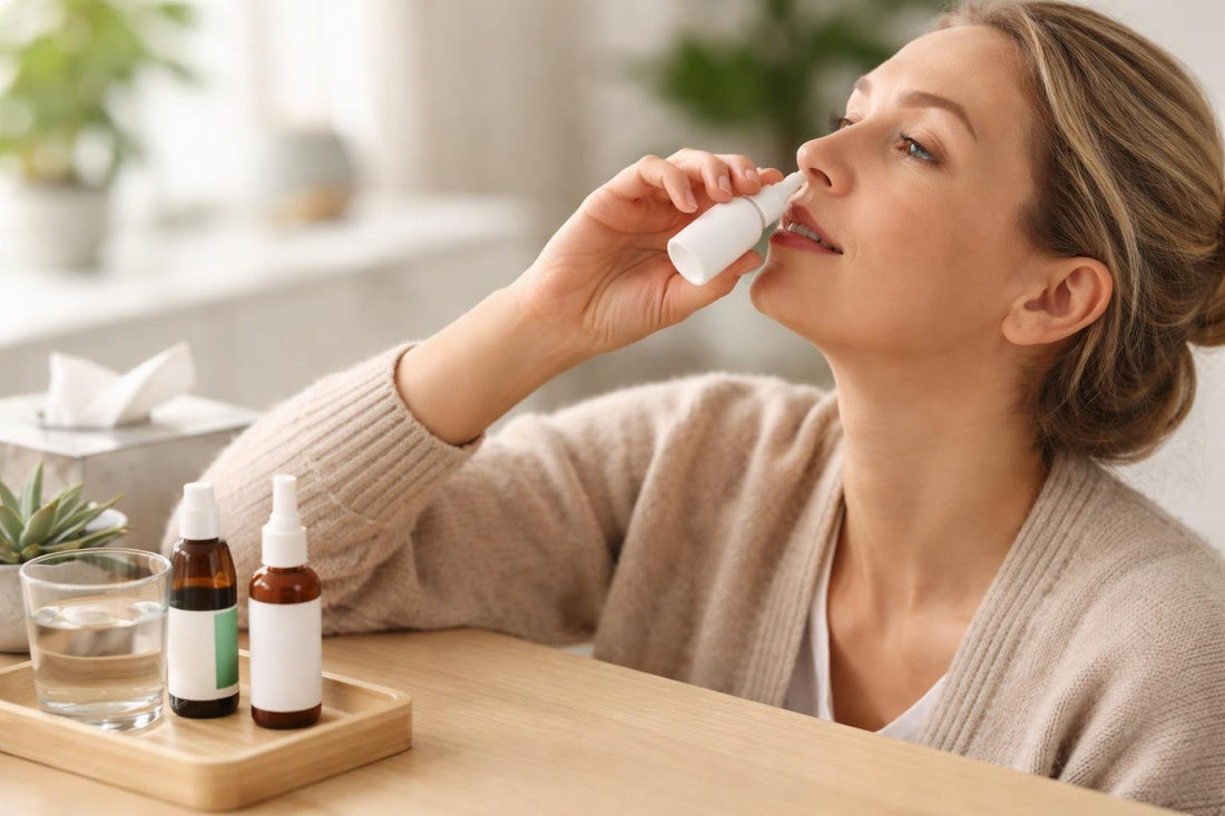 Person using moisturising nasal spray with correct angle