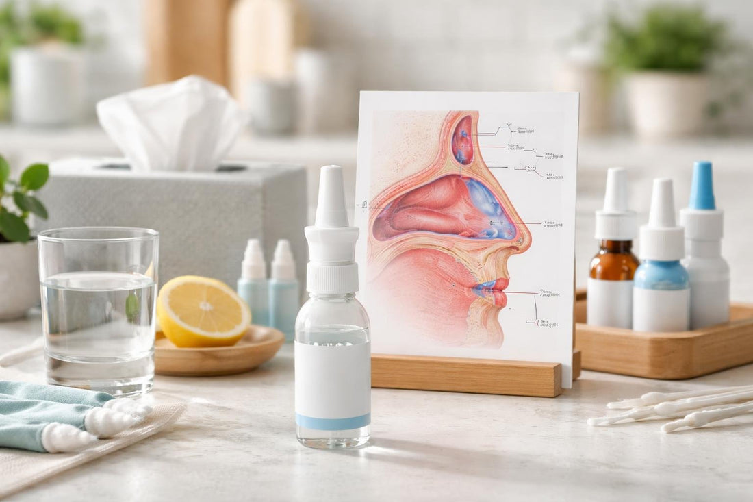 Moisturising nasal spray bottle and nasal anatomy diagram