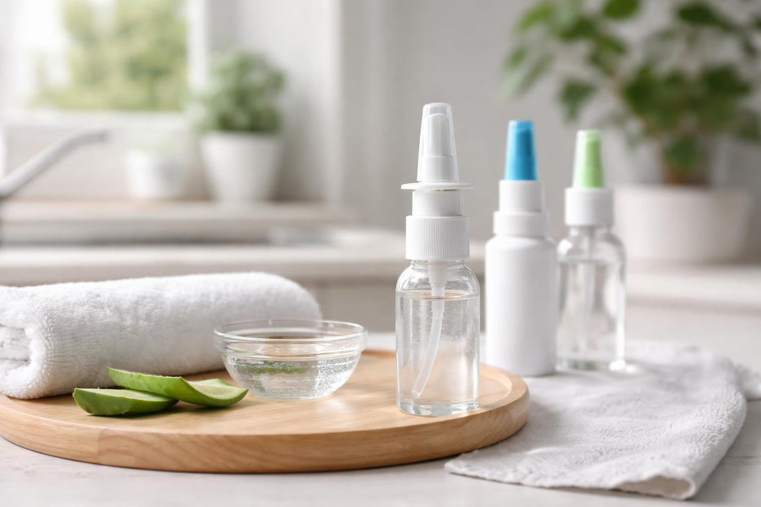 moisturising nasal spray bottle and nozzle on table
