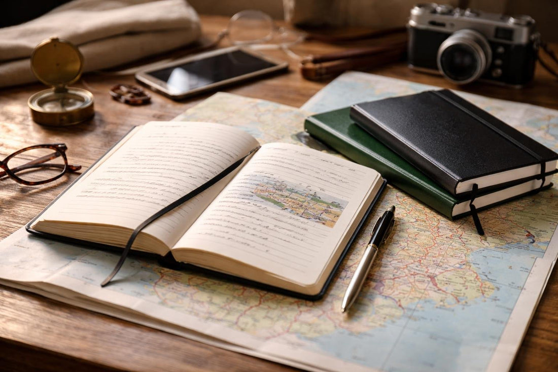 A5 travel Moleskin notebook open on map