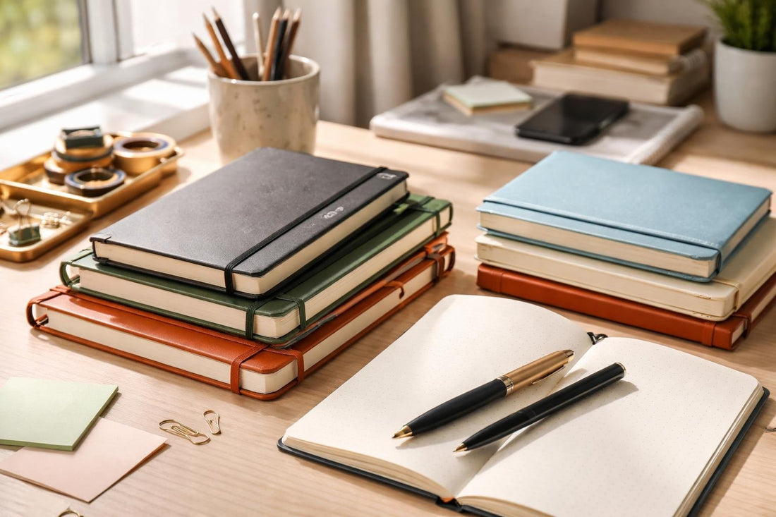 Assorted Moleskin and alternative notebooks on desk