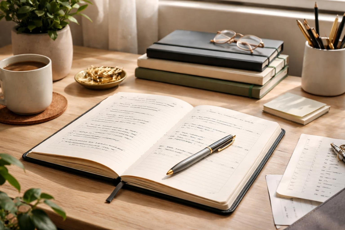 Moleskin notebook open on desk with pen and planner