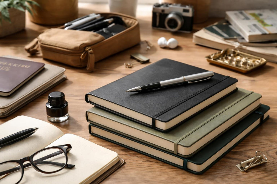 Moleskin notebooks with pens and travel accessories