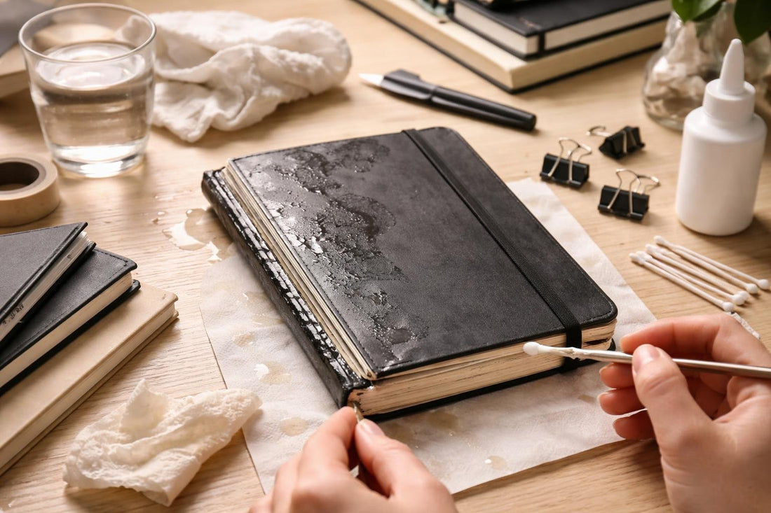 Water-damaged Moleskine notebook with loose spine being repaired