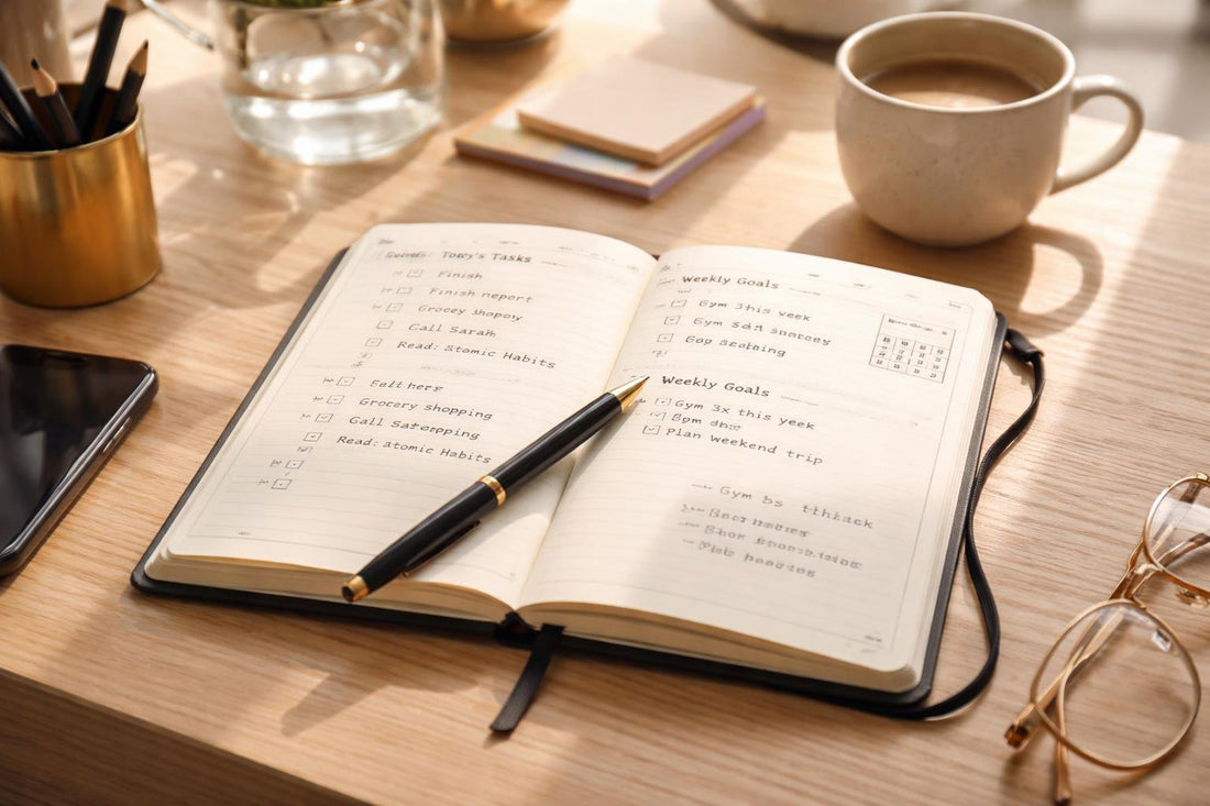 Open Moleskine notebook with daily plan and neat notes