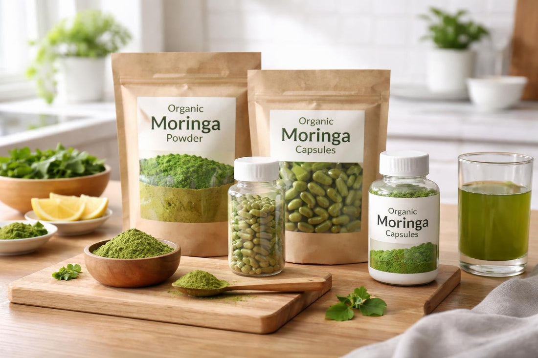 Moringa powders and capsules bundle on wooden table