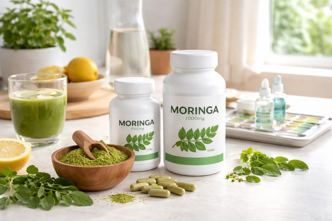Moringa supplement bottles and powder with test kit