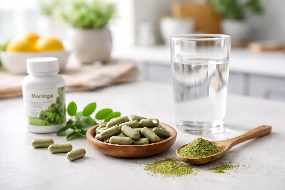 Moringa capsules and green powder beside a glass of water