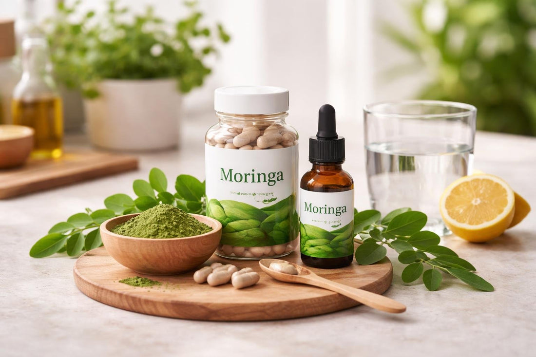 Moringa capsules and powder on a kitchen counter