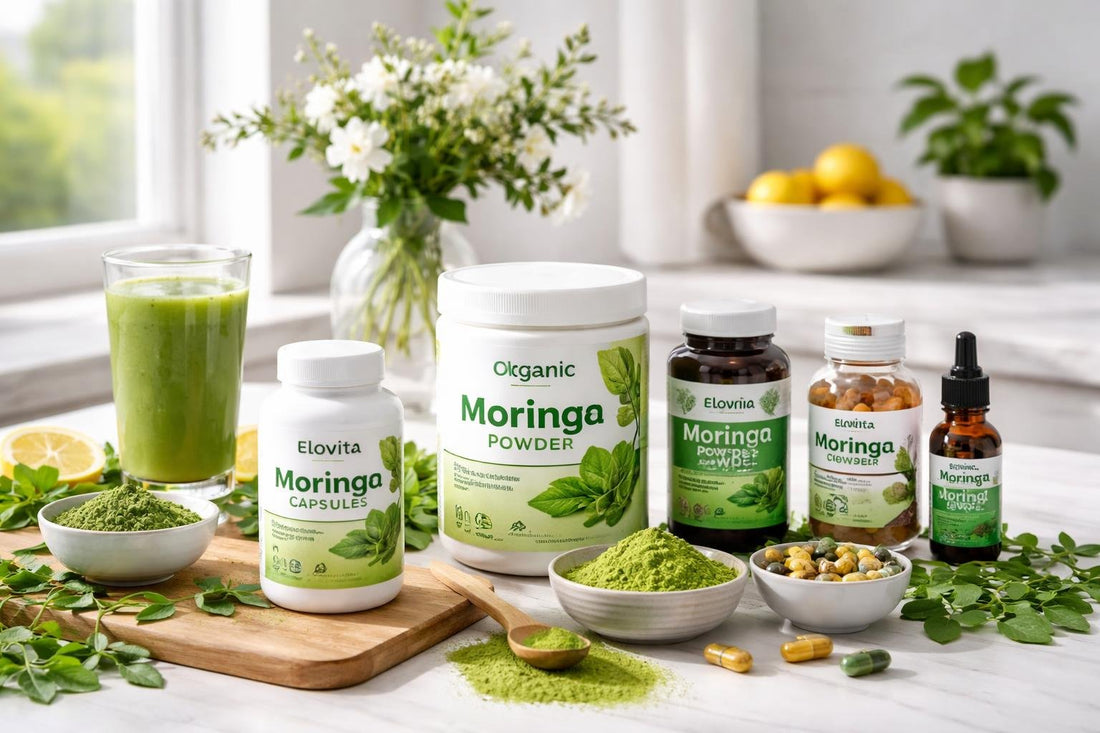 Moringa supplement bottles and powders on table