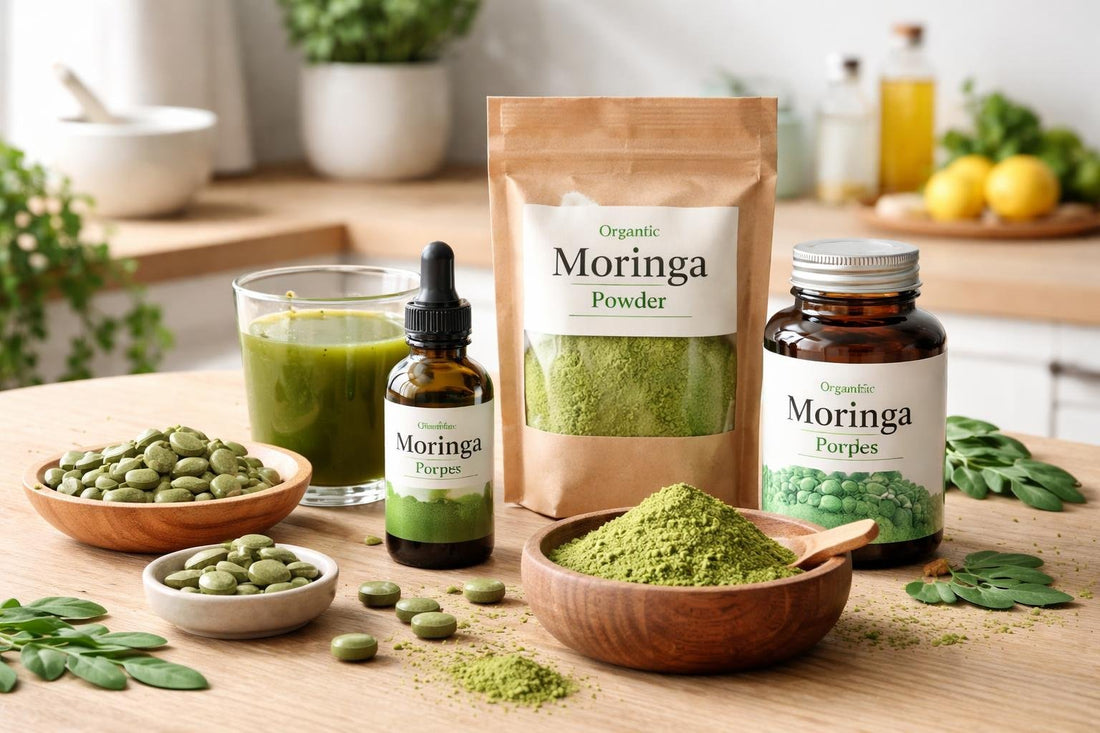 assorted moringa supplements on wooden table