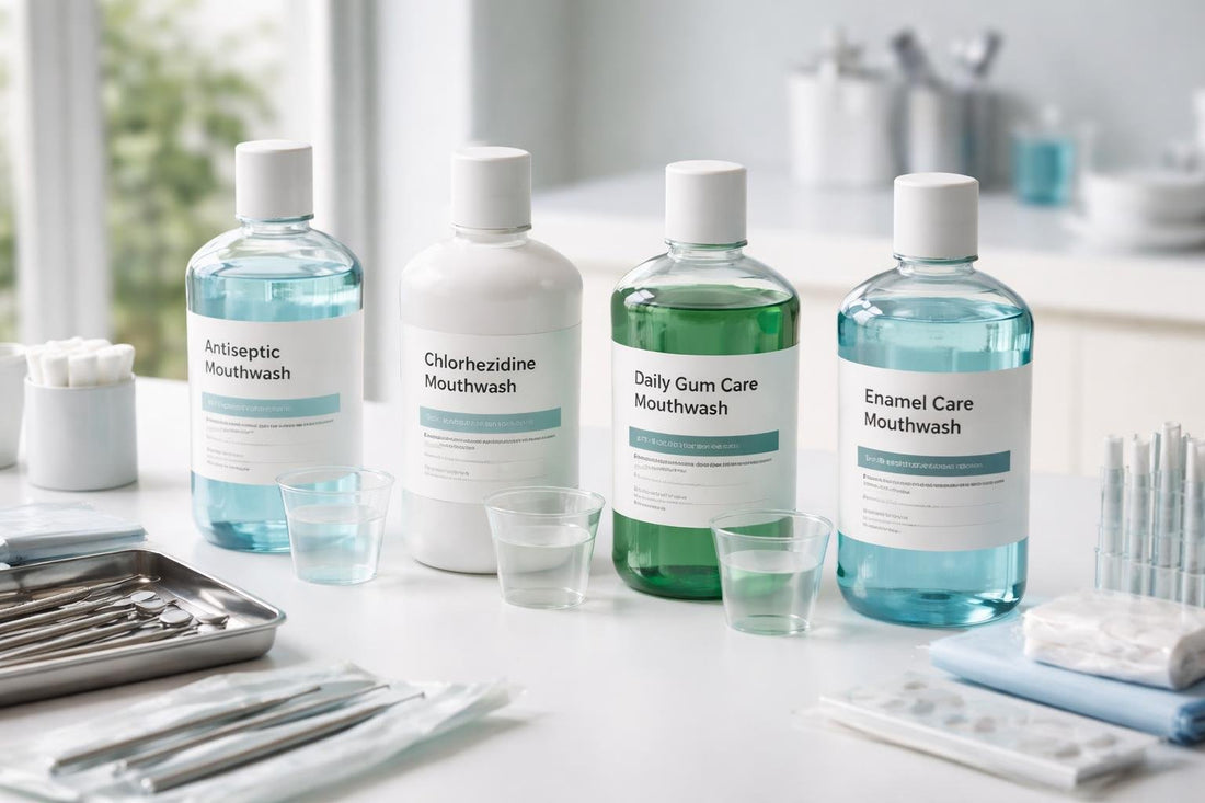 Assorted professional mouthwash bottles and clinic supplies