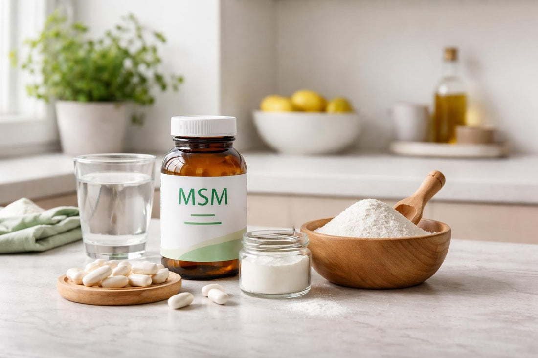 MSM supplement capsules and powder options on kitchen counter