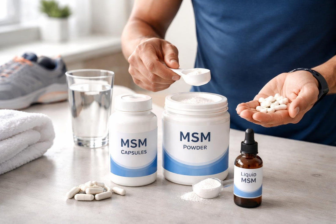 Runner holding MSM supplement capsules and powder