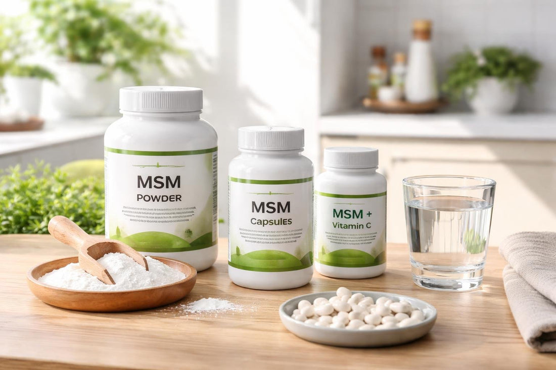 MSM supplement bottles and capsules on wooden table