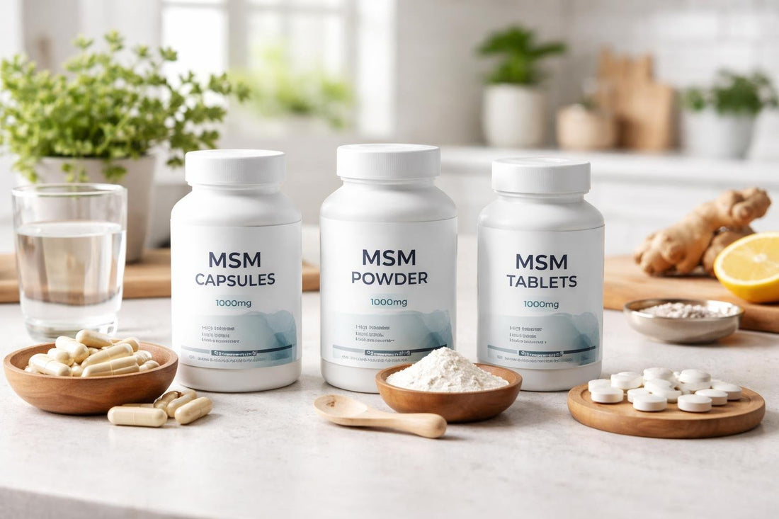 MSM capsules, tablets and powder supplements on kitchen counter