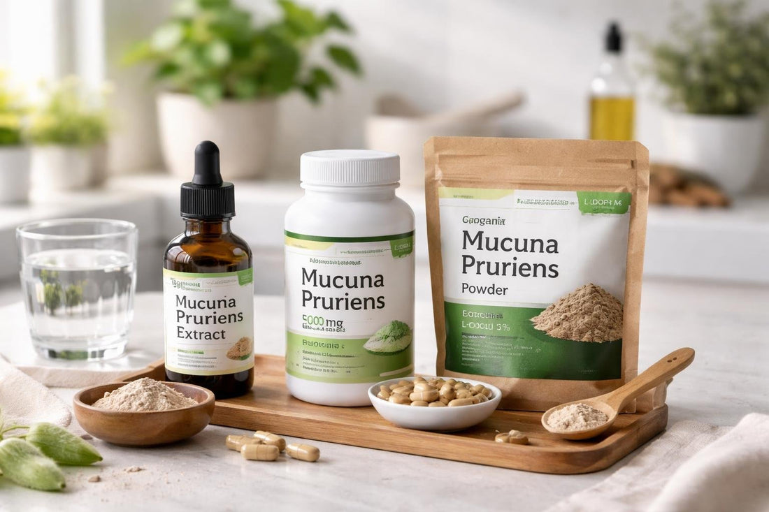 mucuna pruriens supplements bottles and powders