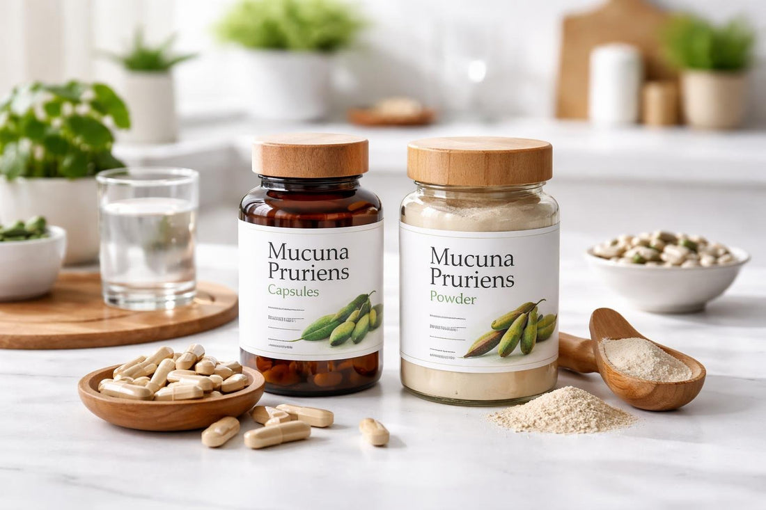 Mucuna Pruriens supplements bottles and capsules