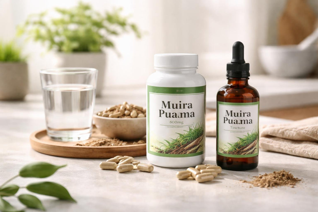 Muira Puama supplement capsules and tincture display