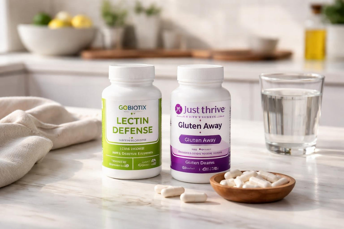 bottle of multi enzyme supplements on kitchen table