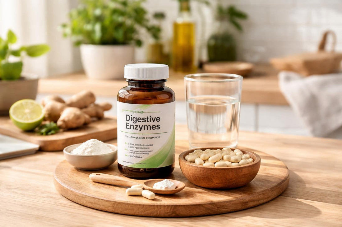 multi enzyme supplements and capsules on wooden table