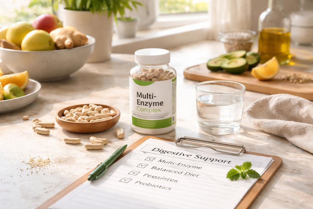 Multi-enzyme capsules and digestive support checklist on table
