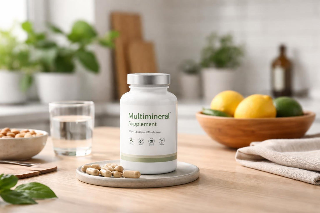 Bottle of multimineral supplements on table