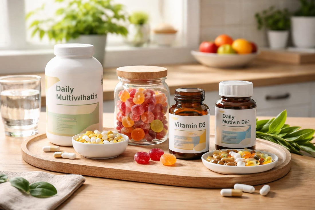Various multivitamins, gummies and capsules on wooden surface