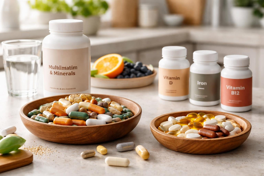 assortment of multivitamin tablets and capsules