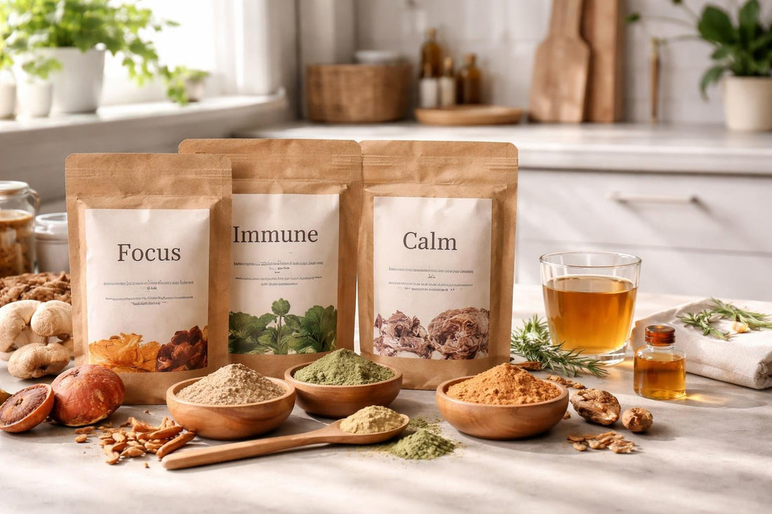 Medicinal mushroom and herbal blend powders on kitchen counter