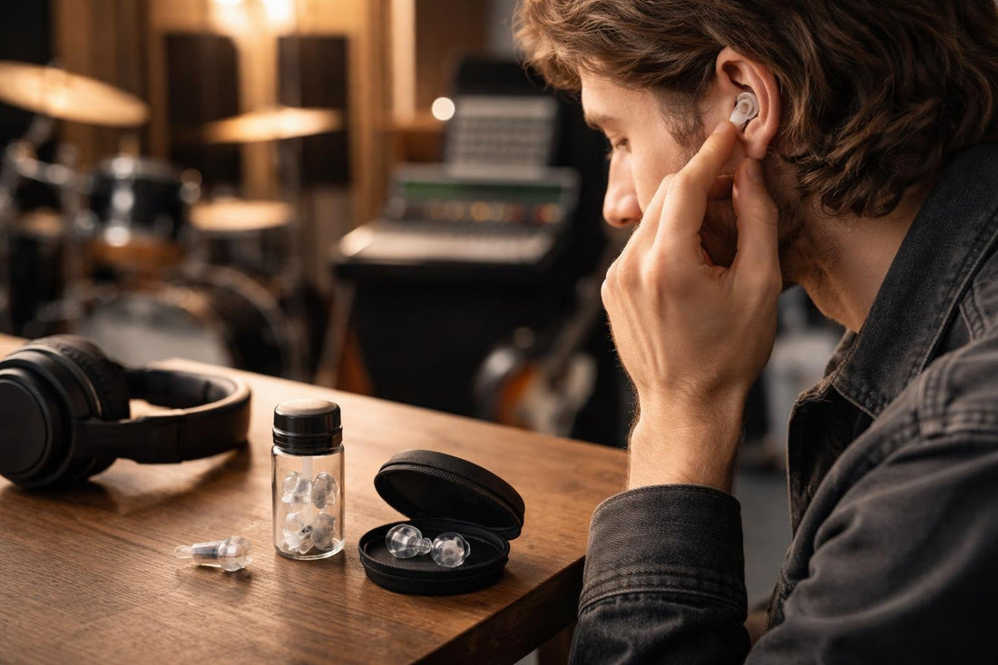 Musician wearing reusable hearing protection earplugs