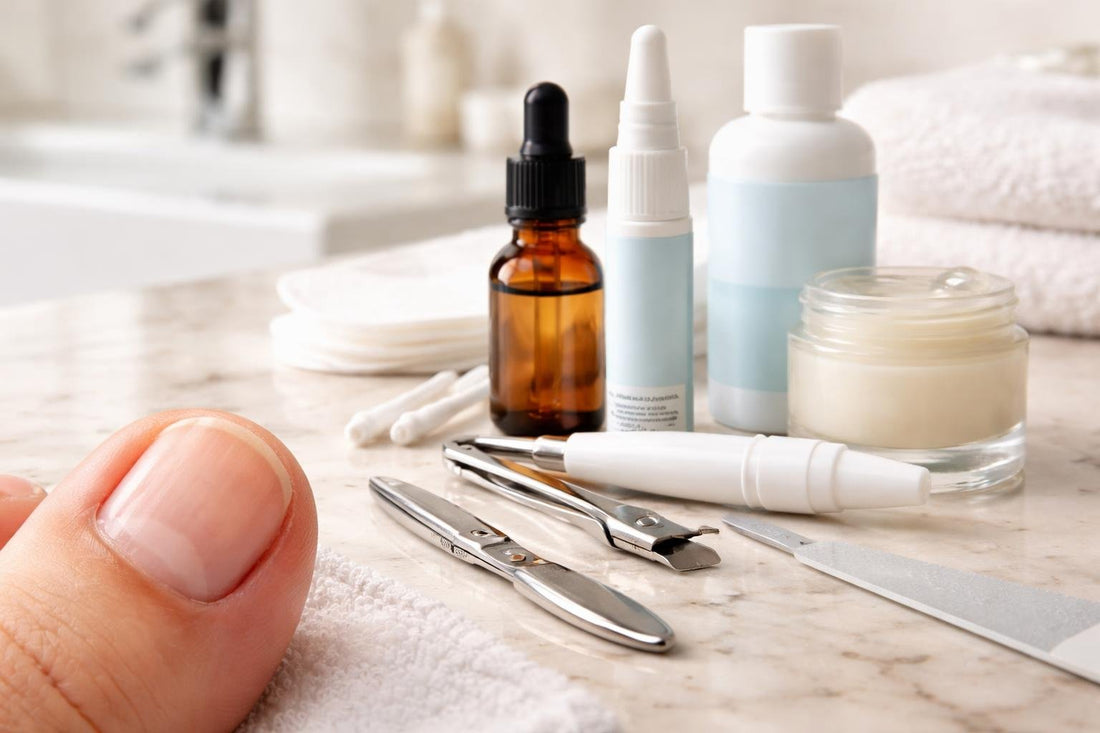 Close-up of treated toenail showing healthy nail and tools