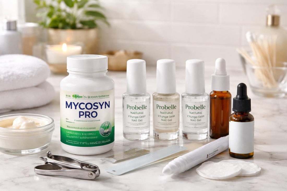 Assorted nail fungus treatments and tools on table