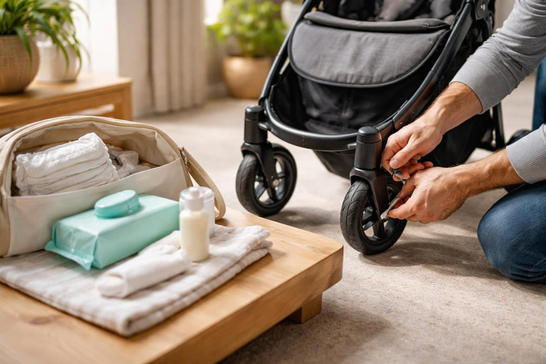 Parent fixing buggy wheel with nappy change kit nearby