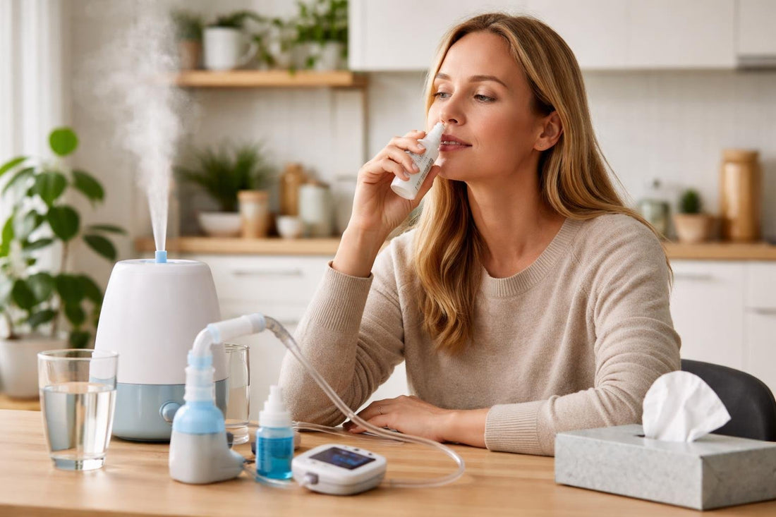 Person using nasal saline spray at home correctly