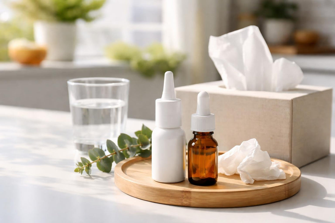 Nasal spray and drops beside tissues in winter light