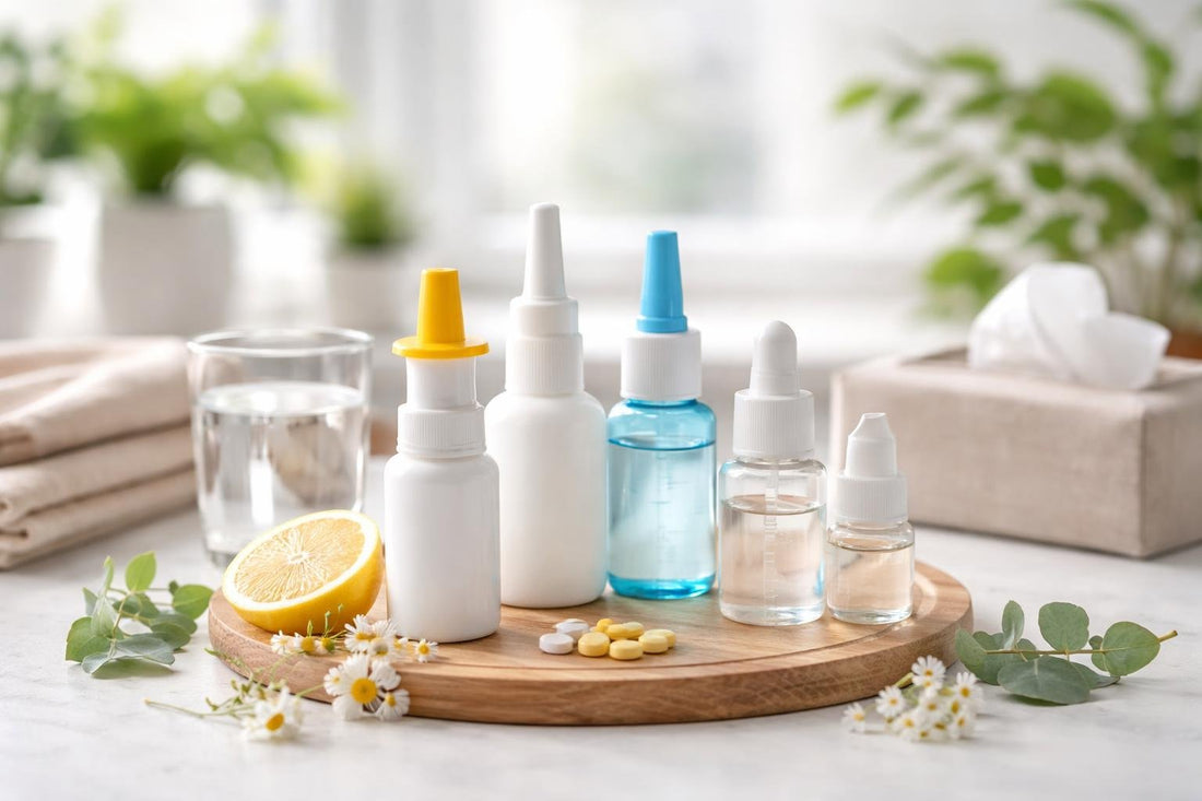 Selection of nasal sprays and saline drops on table