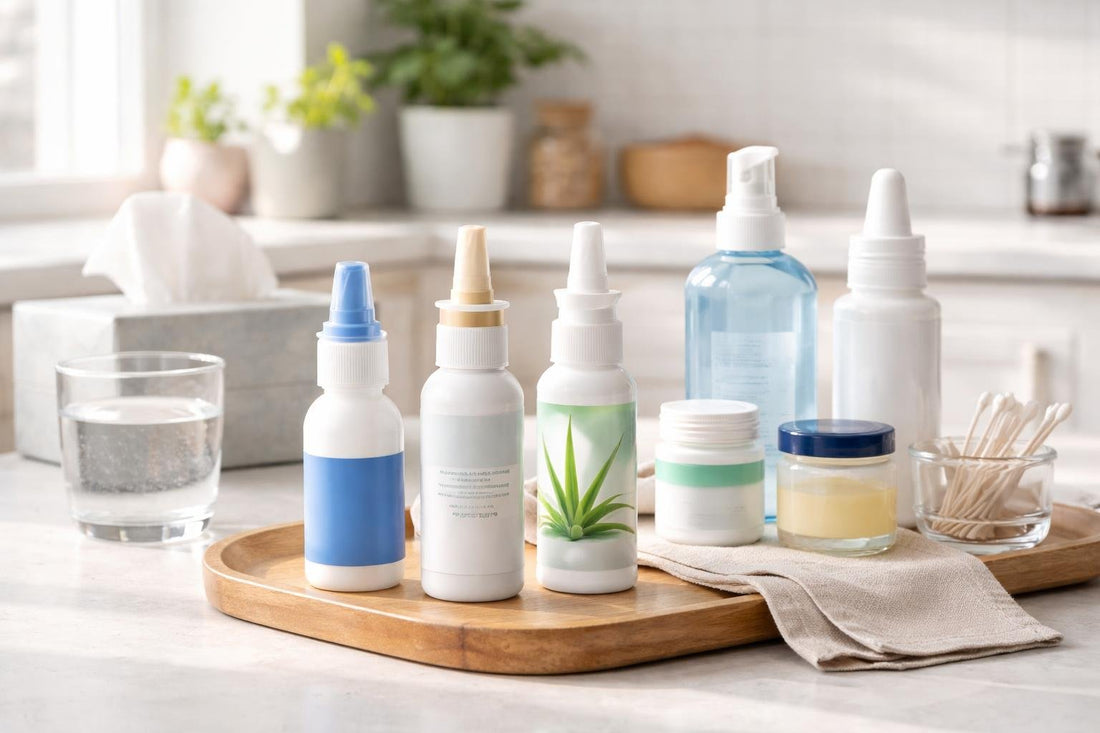Assorted moisturising nasal sprays and alternatives on table