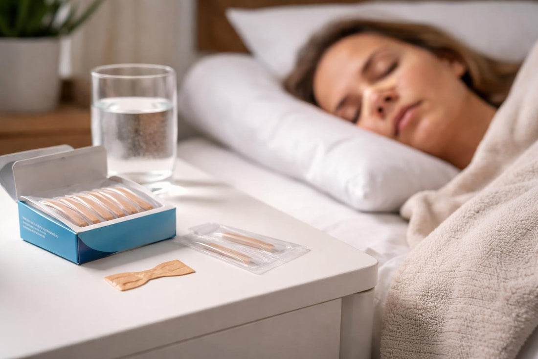 Nasal strip placed across nose for easier night breathing