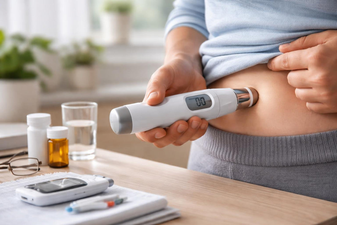 Close-up of needle-free insulin injection device in use