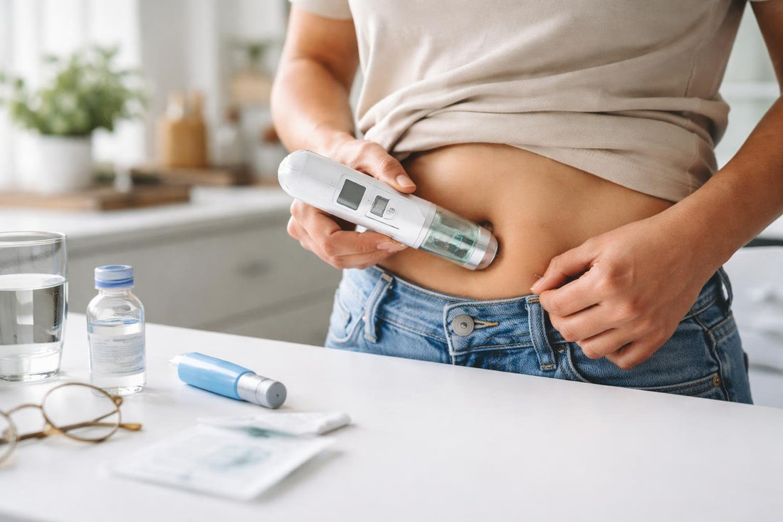 Needle free insulin injection device being used on abdomen