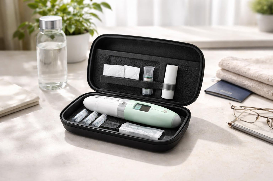 needle free insulin injector device in travel case