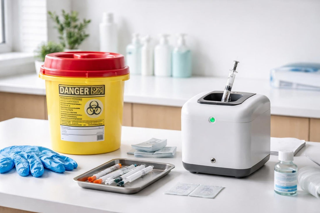 Sharps container and needle destruction tools in clinic setting