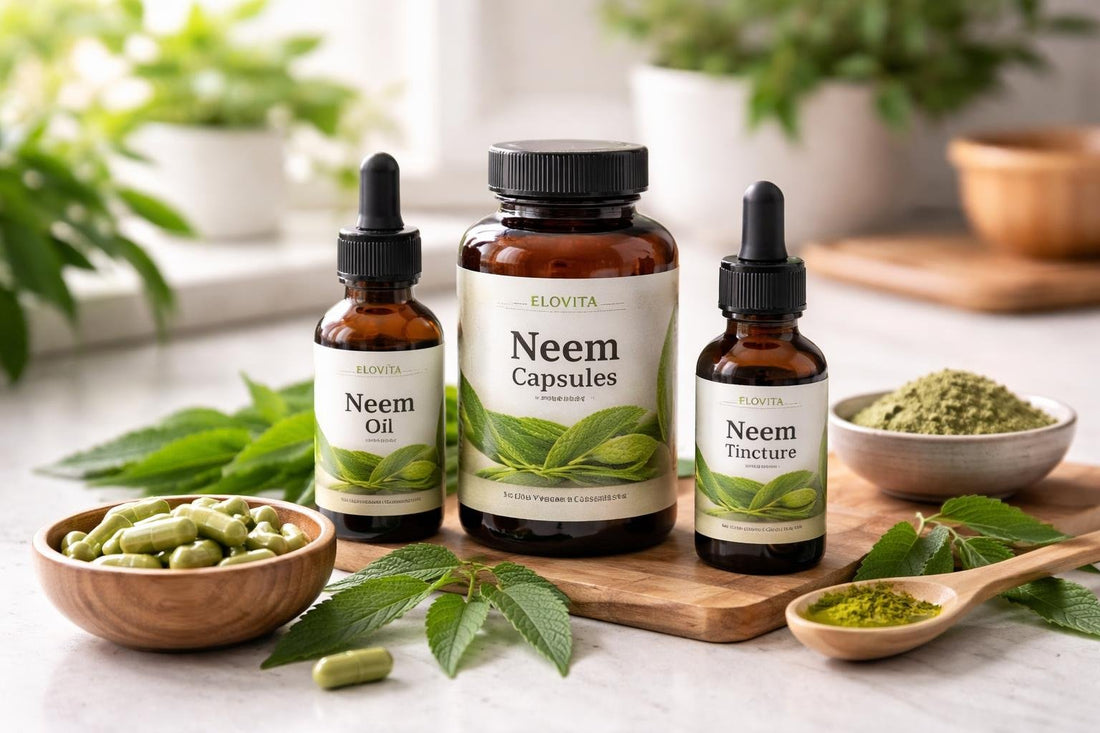 Neem supplement bottles and neem leaves close-up