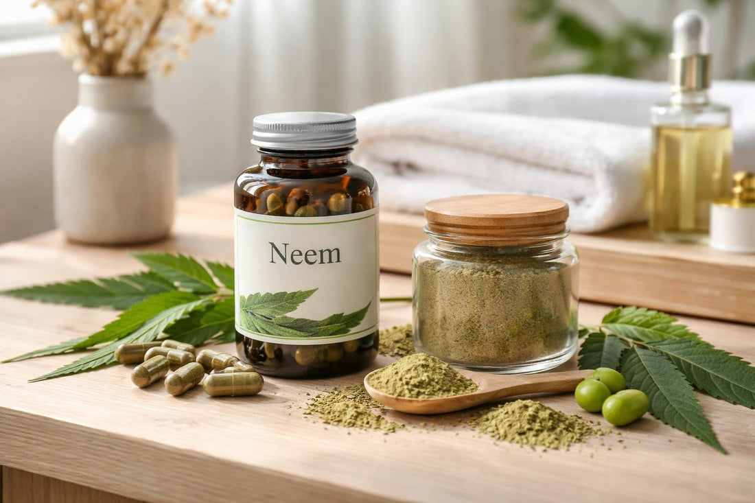 bottle and powder of neem products on wooden surface