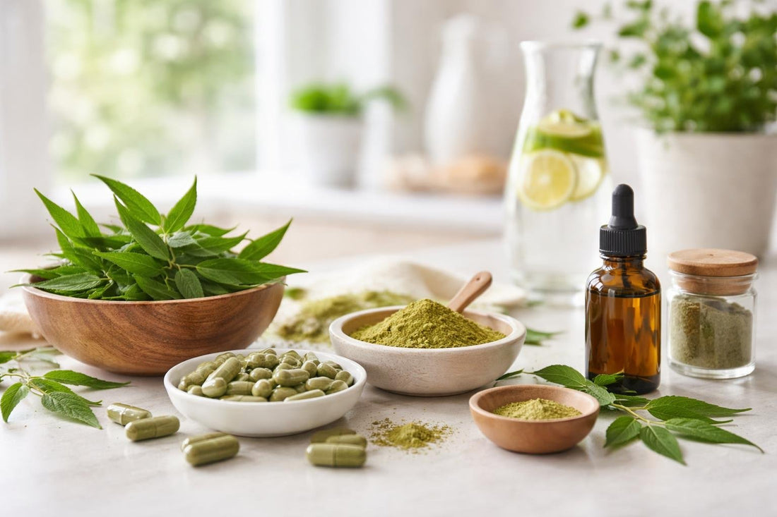 Neem herbal supplements guide showing capsules, powder and leaves
