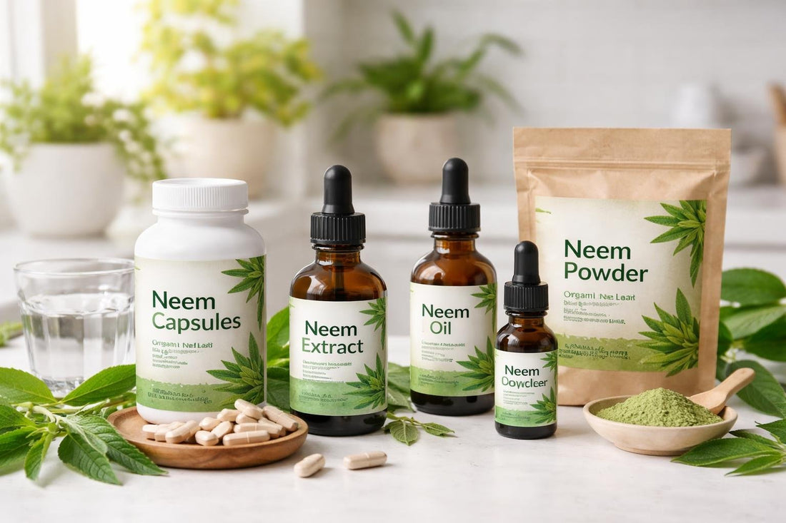 Assorted neem herbal supplement bottles and capsules